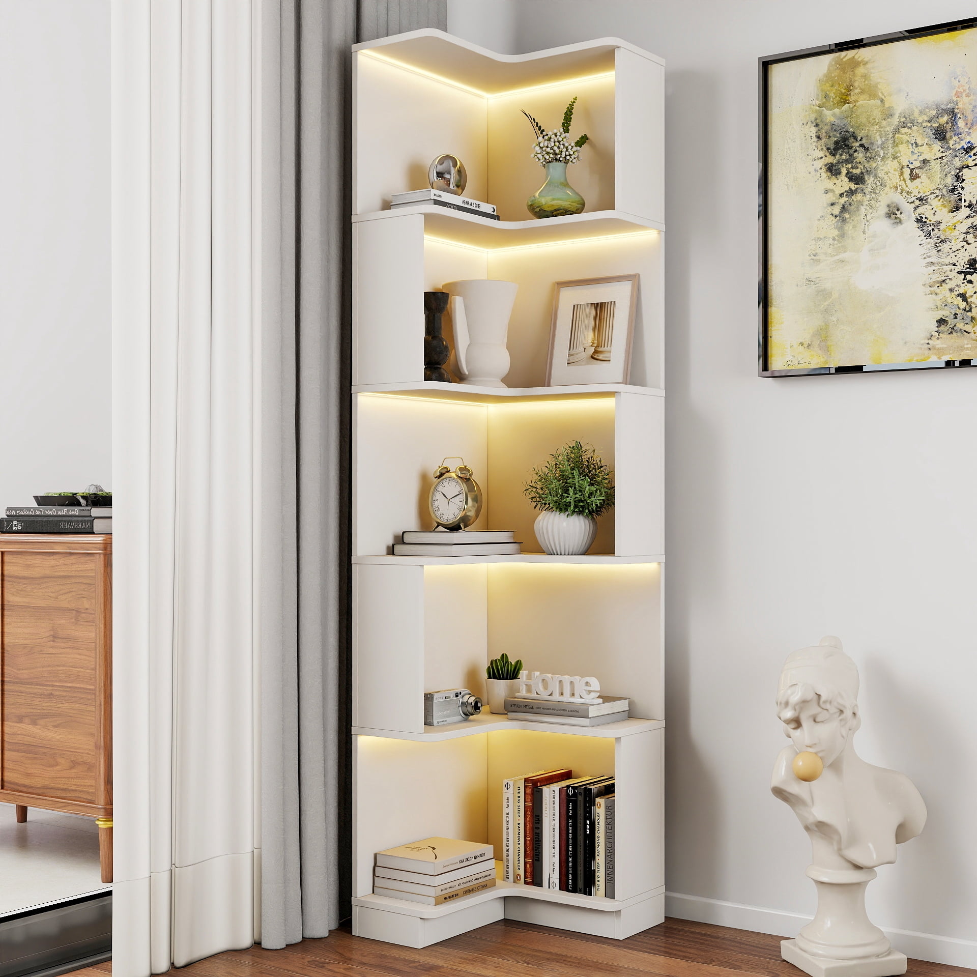 Euroco Corner Book Shelf - 5 Tier Corner Bookshelf Bookcase with Baffle, Freestanding L Shaped Display Shelf Stand for Home Office, Living Room, Bedroom, Kitchen