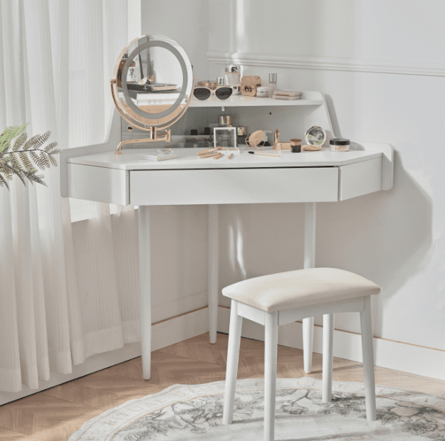 Euroco Corner Makeup Vanity Desk with Tri-Folding Mirror, LED Lights & Stool, Space-Saving Design with Drawer & Shelf Storage
