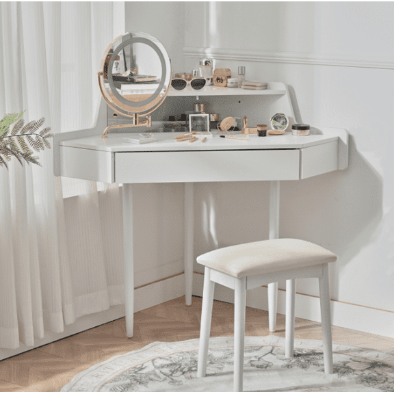 Euroco Corner Makeup Vanity Desk with Tri-Folding Mirror, LED Lights & Stool, Space-Saving Design with Drawer & Shelf Storage