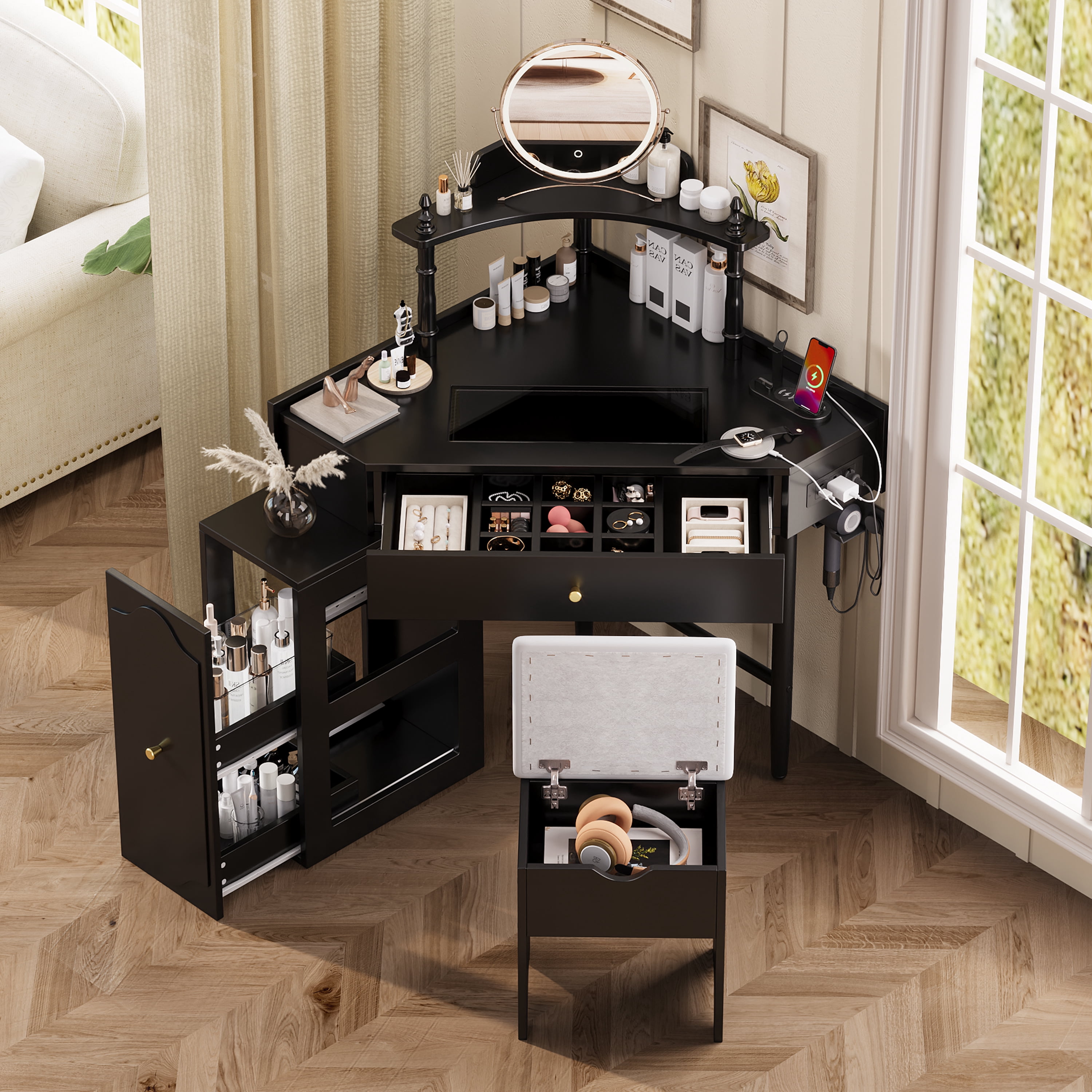 Euroco Corner Vanity Desk Set with Storage Cushioned Stool and Charging Station, Triangle Makeup Desk with Removable Pull-Out Side Cabinet, Glass Tabletop Makeup Vanity Desk,Black