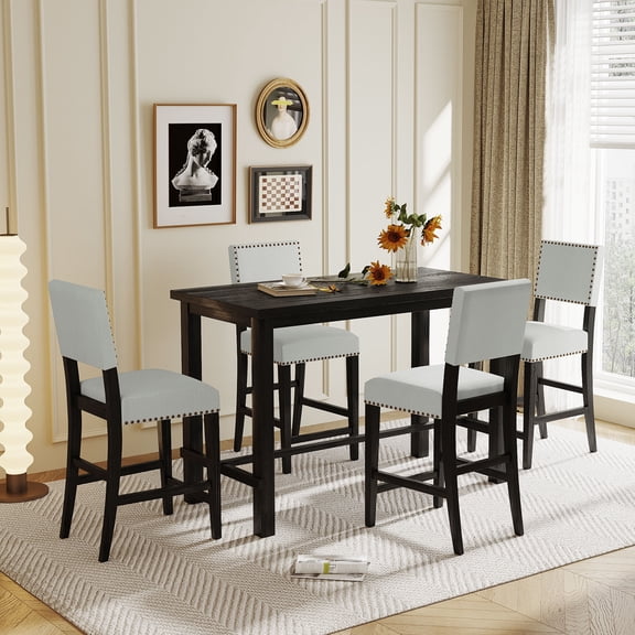 Euroco Counter Height 5-Piece Dining Table Set 4 Cushioned Chairs Espresso and Beige