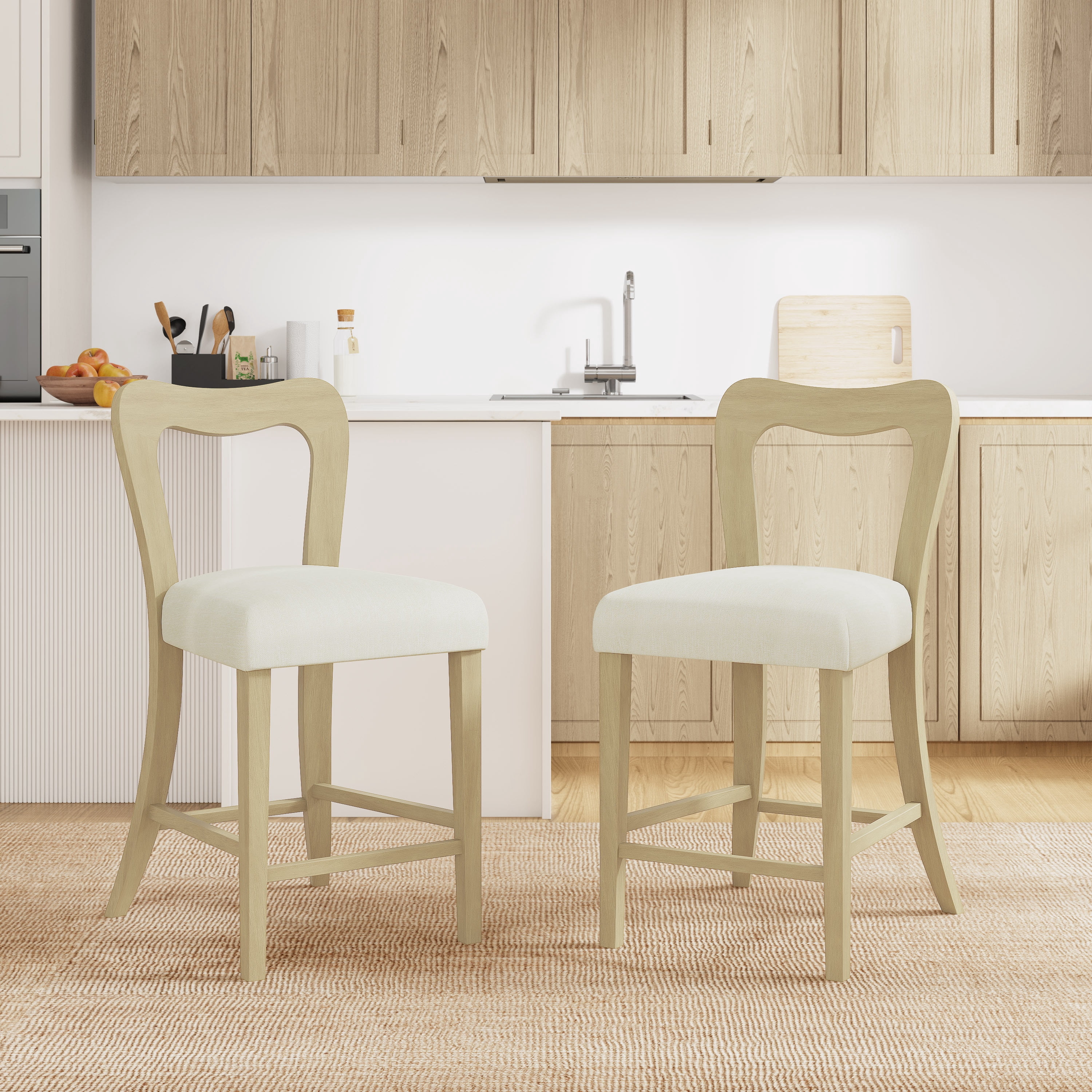 Euroco Counter Stools Set of 2, Upholstered Bar Stools Kitchen Island Chairs with Wooden Frame,Beige & Natural Ash