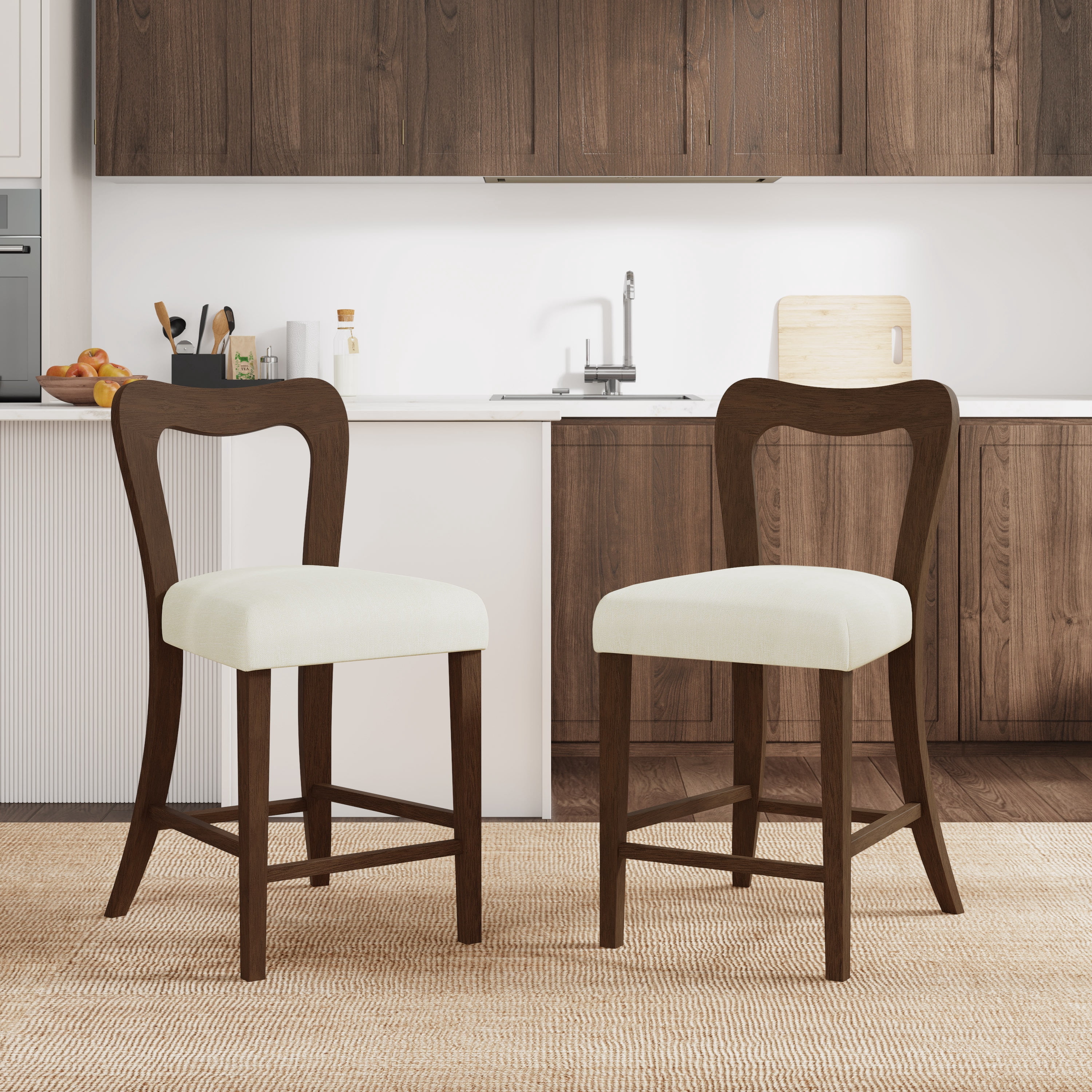 Euroco Counter Stools Set of 2, Upholstered Bar Stools Kitchen Island Chairs with Wooden Frame,Beige & Walnut