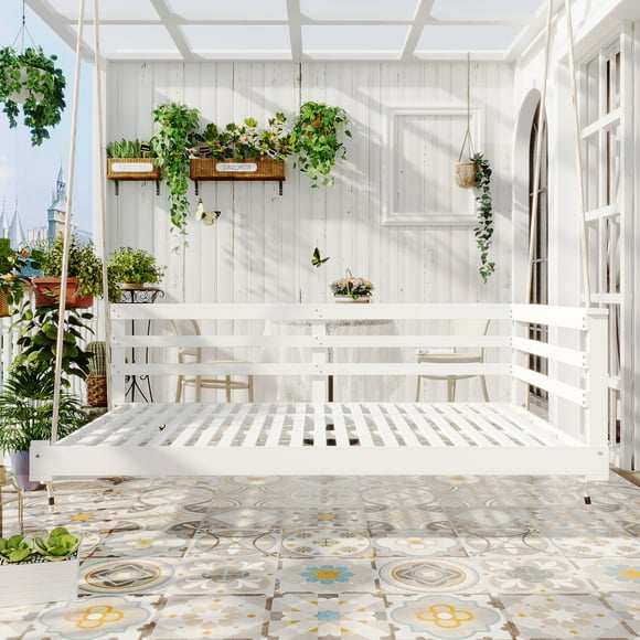 Euroco Country Patio Wooden Twin Size Swing Daybed Porch Swing Frame with 4pcs 96-inch Hemp Ropes for Backyard, Garden, White