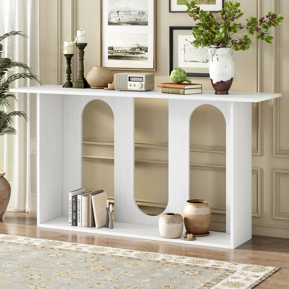 Euroco Curved Console Table with Open Storage Shelf, 54" Wood Sofa Table Narrow Entryway Table for Hallway,Living Room, Foyer,White