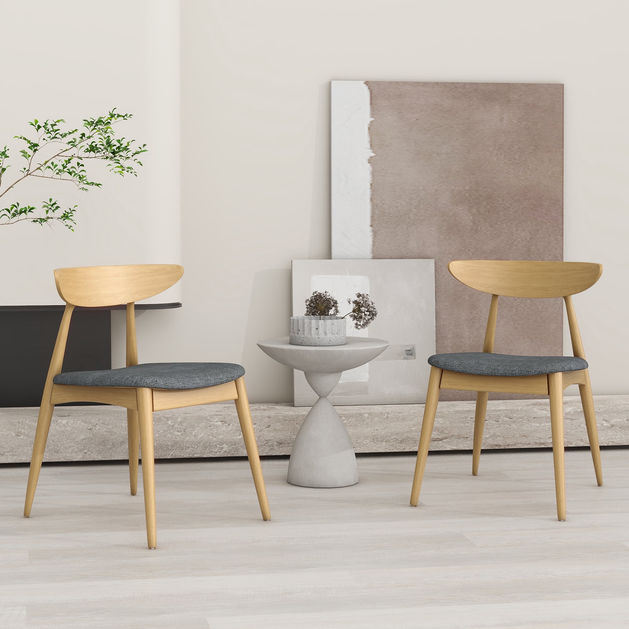 Euroco Dining Chairs Set of 2, Wooden Retro Kitchen Side Chairs with Ergonomic Backrest & Cushion for Dining Room,Natural+Grey