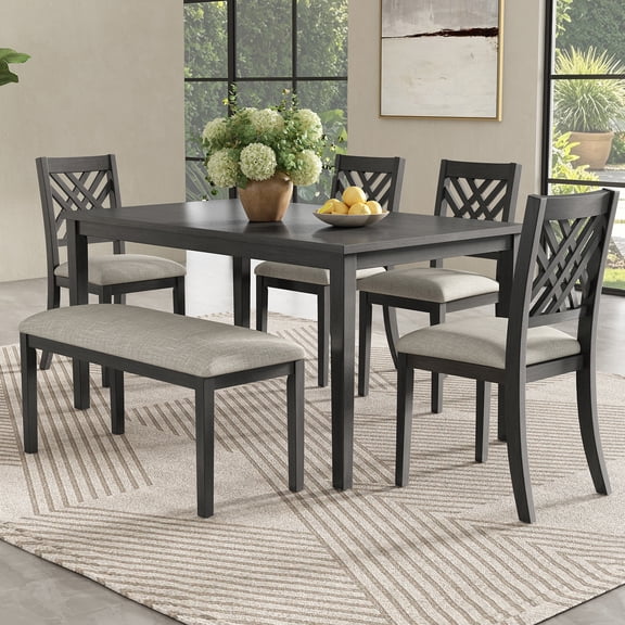 Euroco Dining Table Set for 6, Modern 6 Piece Dining Set with Upholstered Bench, Wood Kitchen Table and Chairs Set for Kitchen Dining Room,Dark Gray