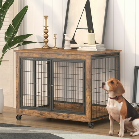 Euroco Dog Crate Furniture Large Dog Cage with Double Doors, Kennel with Wheels, Rustic Brown, 38.5"x25"x27"