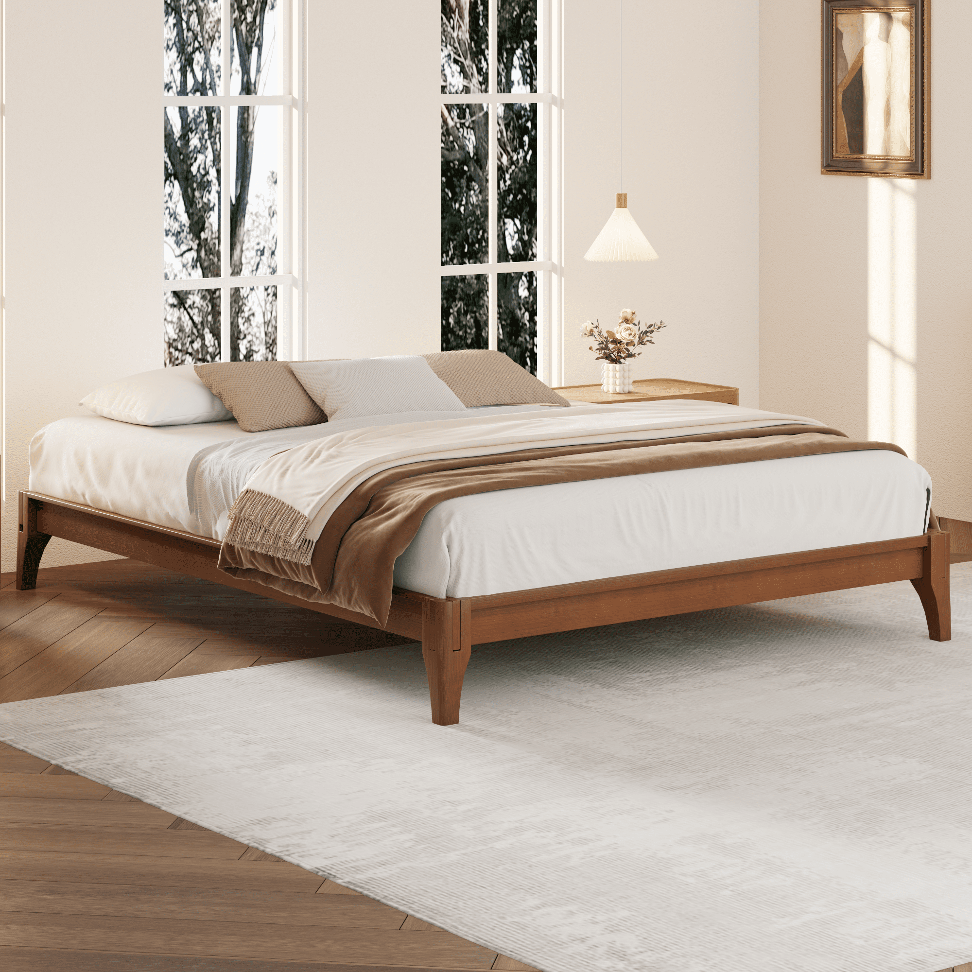 Euroco Dry Bamboo Wood Platform Bed Frame, 12 inch Height Queen Size Bed, Brown