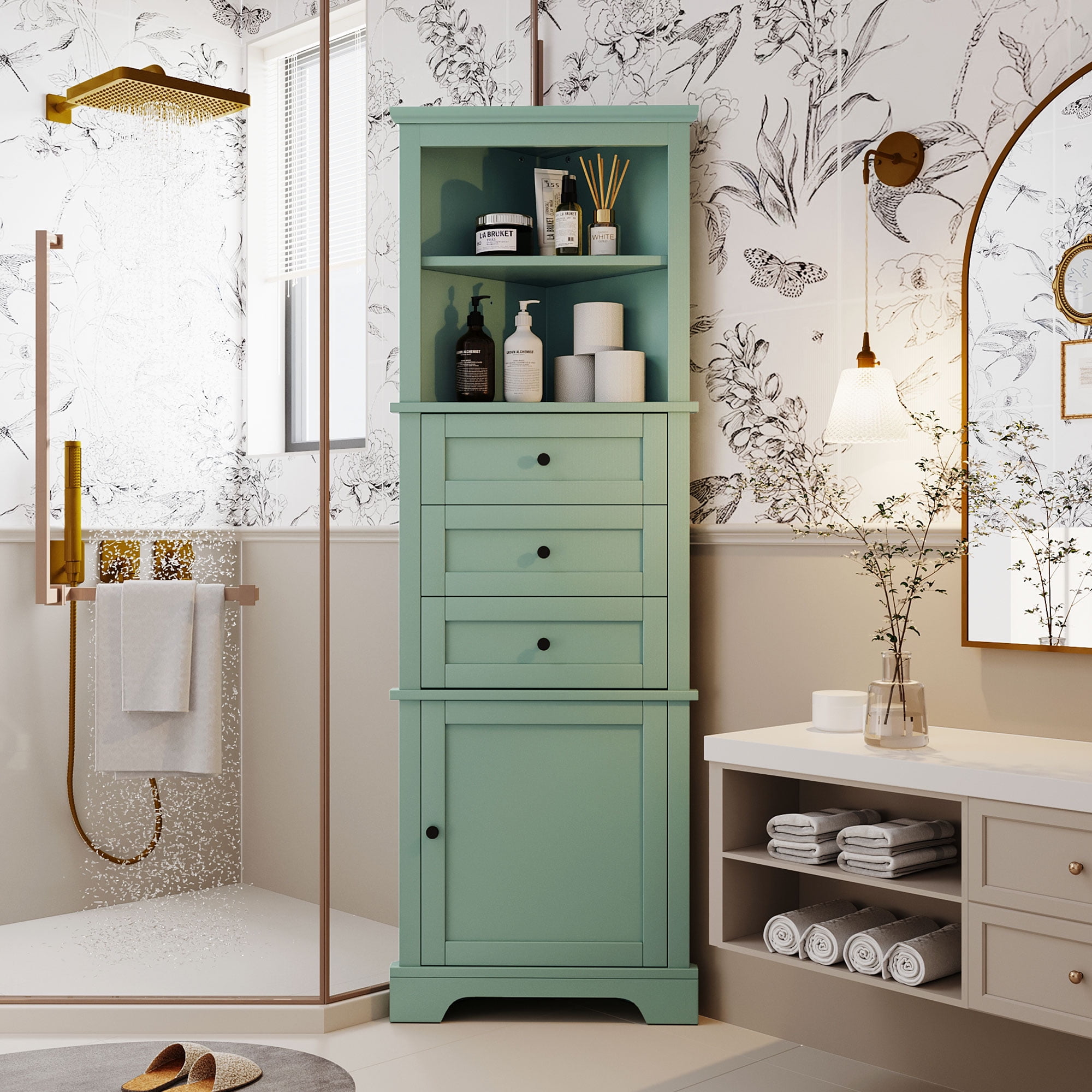 Euroco Durable Corner Cabinet with Adjustable Shelves, Heavy-Duty Metal Handles, and Safety Drawer Stoppers – Stylish, Space-Saving Storage Solution for Bathrooms, Kitchens, and More