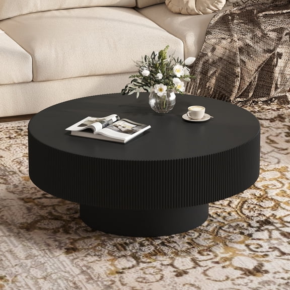 Euroco Elegant Easy Assembly Round Coffee Table with 6.8" Thick Tabletop, Modern Drum End Table, Minimalist Fluted Center Table with Sturdy Base for Living Room, Black, 31.5"W*13.7"H