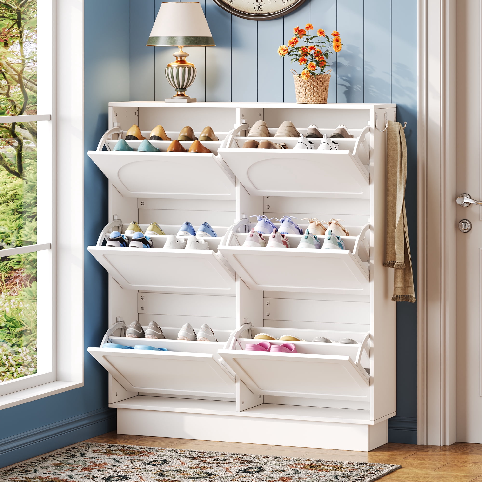Euroco Elegant Narrow Tipping Bucket Shoe Cabinet with 6 Flip Drawers, Space Saving Design, Cream Style Entryway Organizer with Adjustable Shelf, Free-Standing Shoe Rack with 3 Silvery Hooks, White