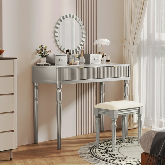 Euroco Elegant Sunflower Vanity Set with Fluted Drawers & Carved Legs – Solid Wood, Adjustable Mirror, Cushioned Stool Included