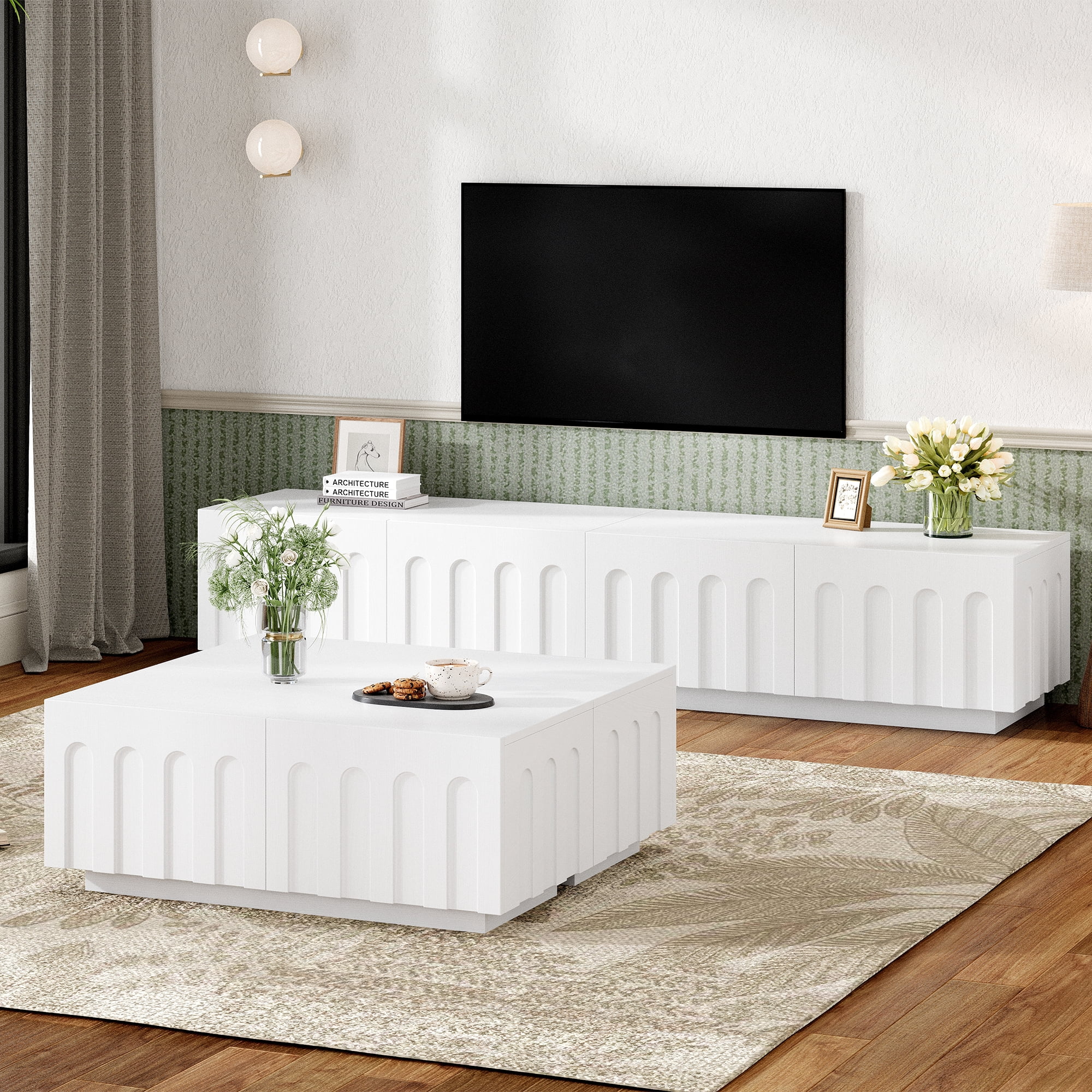 Euroco Elegant TV Stand & Coffee Table Set of 2, Multi-Functional Media Console with Arched Design for TVs Up to 80", Modern Dual Purpose Center Table with Drawers for Living Room, Bedroom, White
