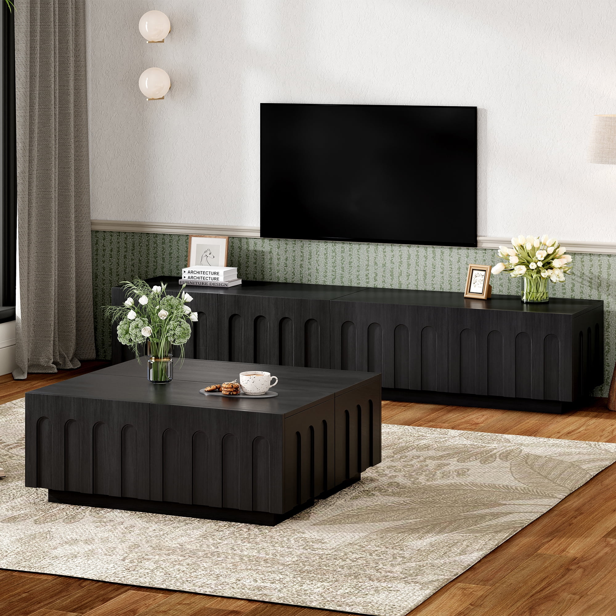 Multi Purpose Console Euroco Elegant TV Stand & Coffee Table Set of 2, Multi-Functional Media ...