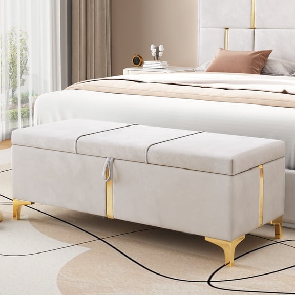Euroco Elegant Upholstered Storage Ottoman,End of Bed Bench with Metal Legs for Bedroom,Living Room,Entryway,Beige