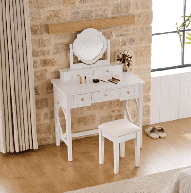 Euroco Elegant Vanity Desk with Reversible Mirror and 5 Drawers – Makeup Table Set with Cushioned Stool and Classic Molding Design