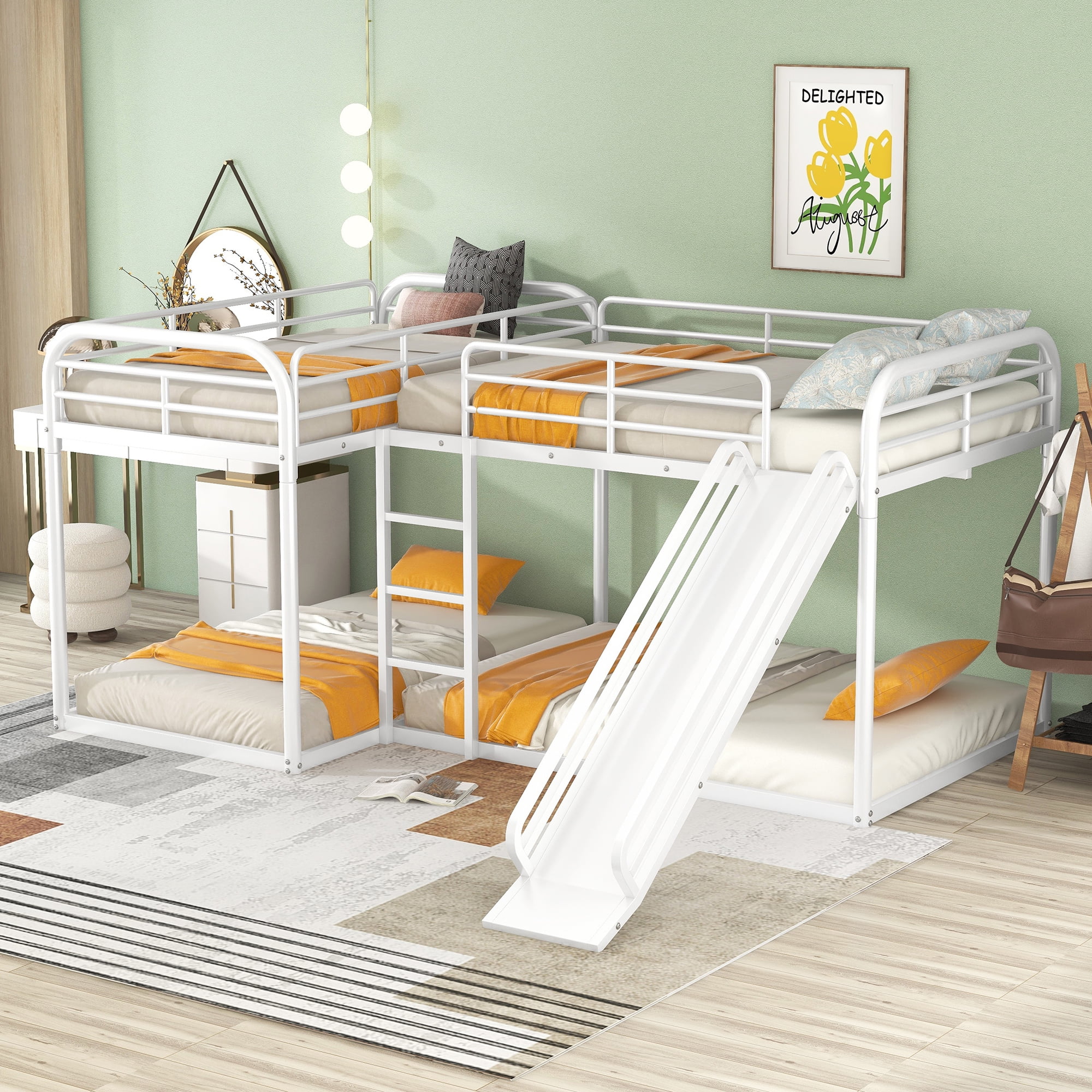 Euroco Euroco Twin over Twin and Full over Full Size Bunk Bed, LShaped Quadruple Metal Bunk Bed