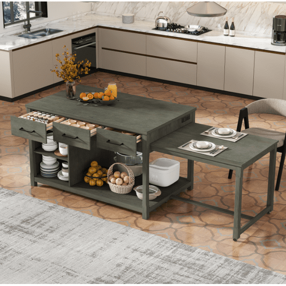 Euroco Expandable Retro Kitchen Island with Hidden Countertop Extension, Power Outlets & USB Ports – 3 Drawers, Open Shelves, Solid Wood Frame