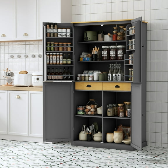 Euroco Expanded Kitchen Pantry with 2 Built-In Drawers, 8 Door Storage Shelves, 2 Adjustable Shelves – Durable MDF, Spacious & Easy to Organize, Anti-Tipping Devices Included