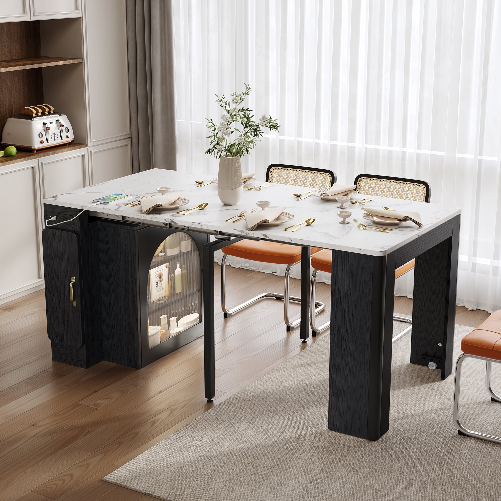 Euroco 59" Extendable Dining Table with 3 Removable Leaves for 4,Mobile Rolling Island Table with Power Outlet and Saving-space Cabinet for Kitchen Living Room,Black