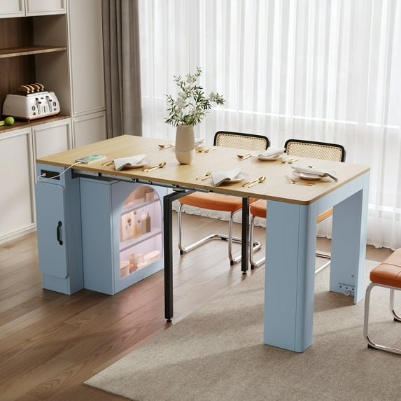 Euroco 59" Extendable Dining Table with 3 Removable Leaves for 4,Mobile Rolling Island Table with Power Outlet and Saving-Space Cabinet for Kitchen Living Room,Grey-Blue