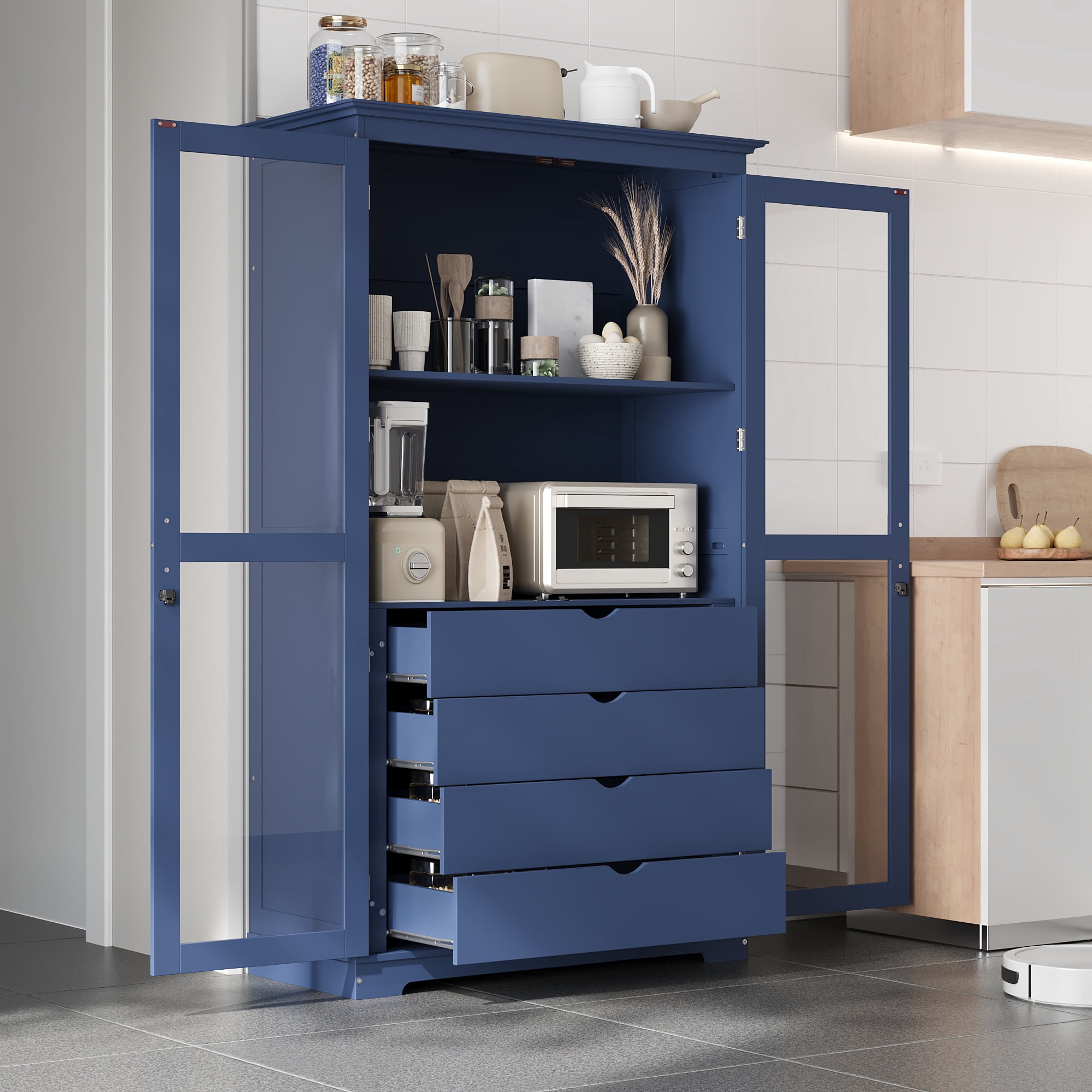 Euroco Extra Large Solid Pine Wood Kitchen Pantry Cabinet with Glass Doors, 4 Drawers & Adjustable Shelf, Freestanding Storage Cabinet – 44.7"W