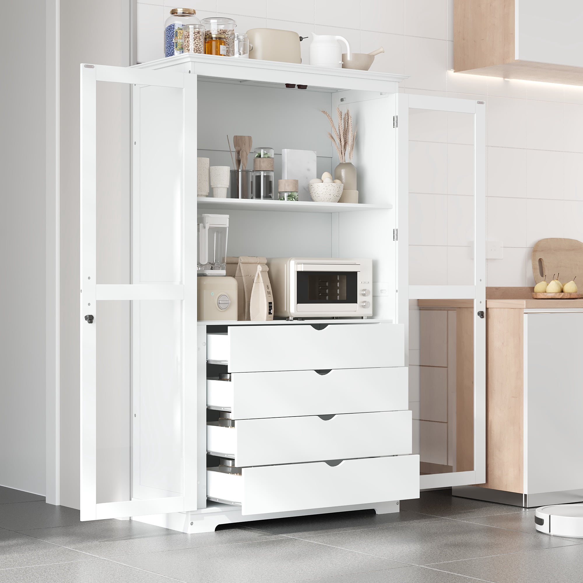 Euroco Extra Large Solid Pine Wood Kitchen Pantry Cabinet with Glass Doors, 4 Drawers & Adjustable Shelf, Freestanding Storage Cabinet – 44.7"W