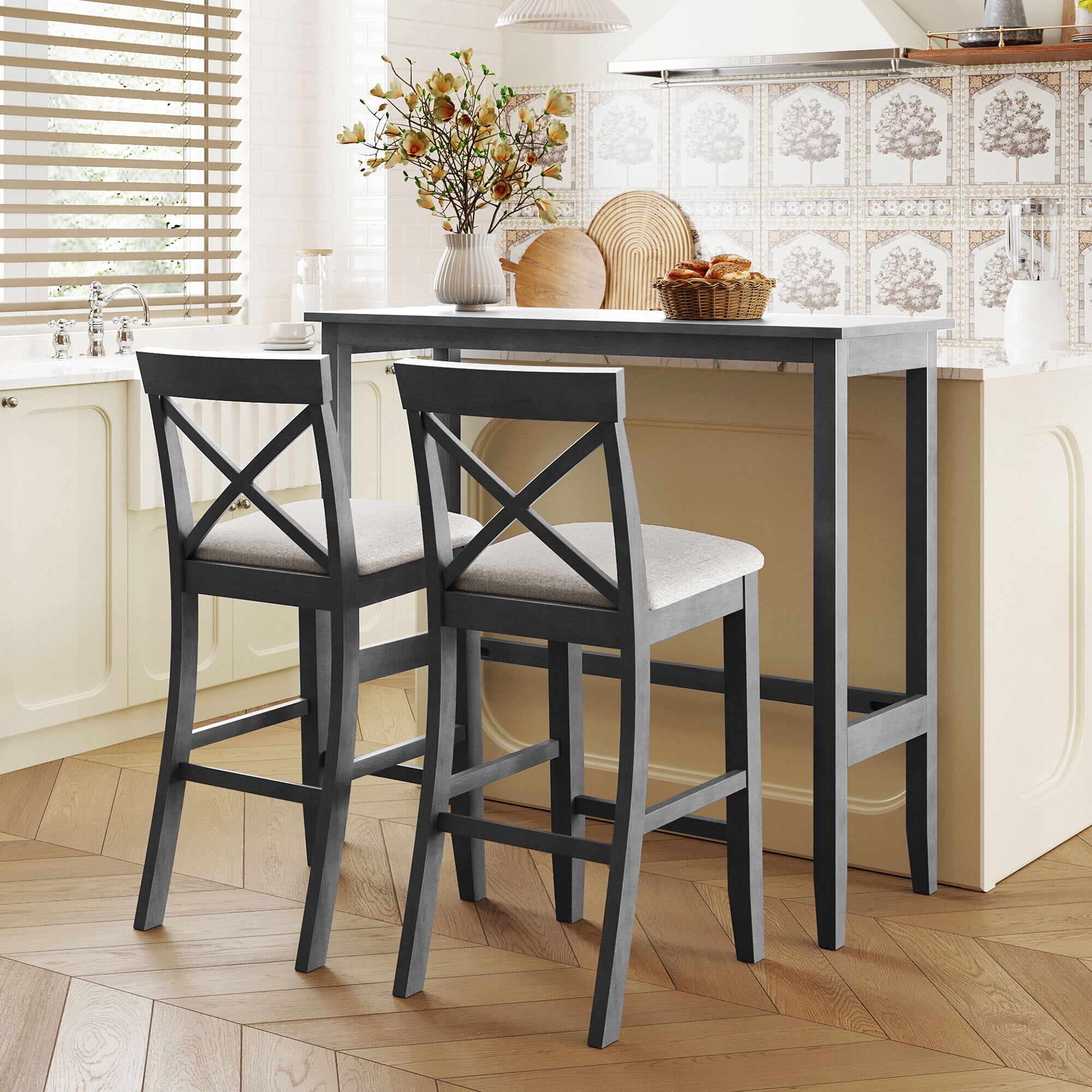 Euroco Farmhouse 3 Piece Dining Set,48" Rectangular Wood Bar Set Kitchen Breakfast Nook with 2 Chairs for Small Places,Gray