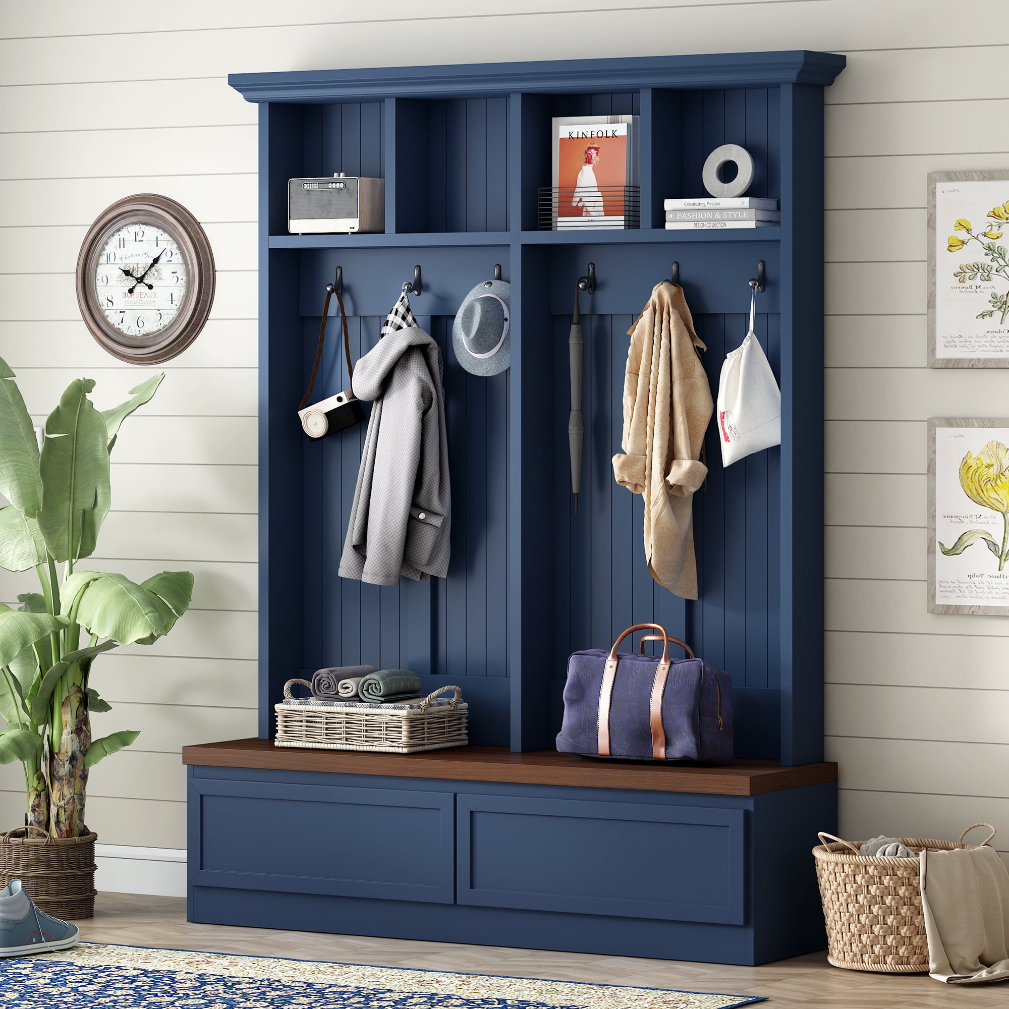 Euroco Farmhouse 4-in-1 Hall Tree with Wood Grain Bench, Mudroom ...