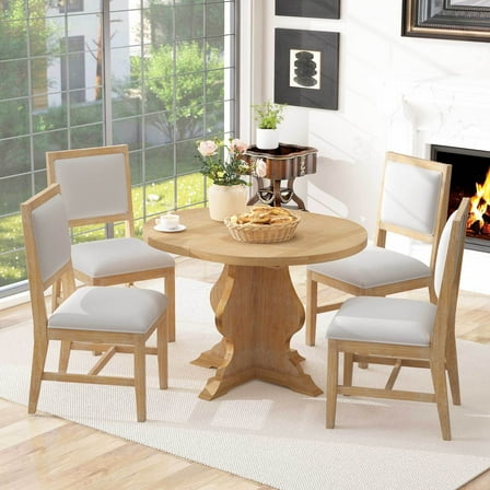 Euroco Farmhouse 5-Piece Dining Table Set for 4, 58" Extendable Kitchen Table & 4 Upholstered Chairs with Rubber Wood Frame,Space-Saving Kitchen Set for Dining Room,Natural
