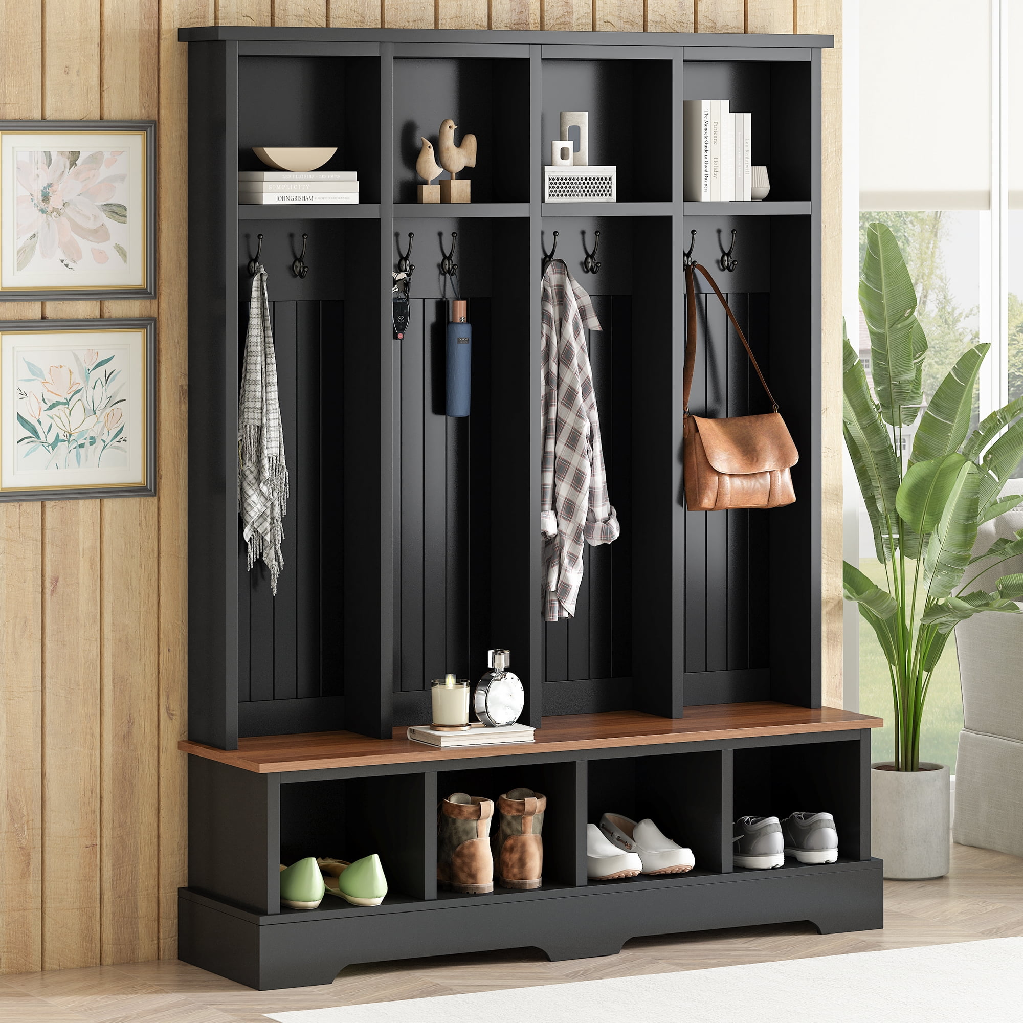 Euroco Farmhouse 59"W Wide Hall Tree with 8 Hooks, Practical Entryway Bench with Open Compartments, 76.7"H Modern 3-in-1 Wooden Style Coat and Shoe Rack for Mudroom, Living Room, Black