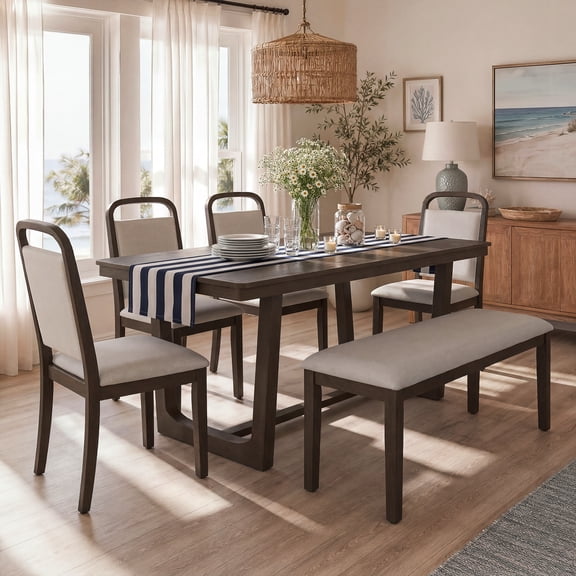Euroco Farmhouse 6-Piece Dining Table Set for 6, Wood Rectangular Kitchen Table with 4 Upholstered Chairs & 1 Bench for Dining Room, Kitchen,Brown