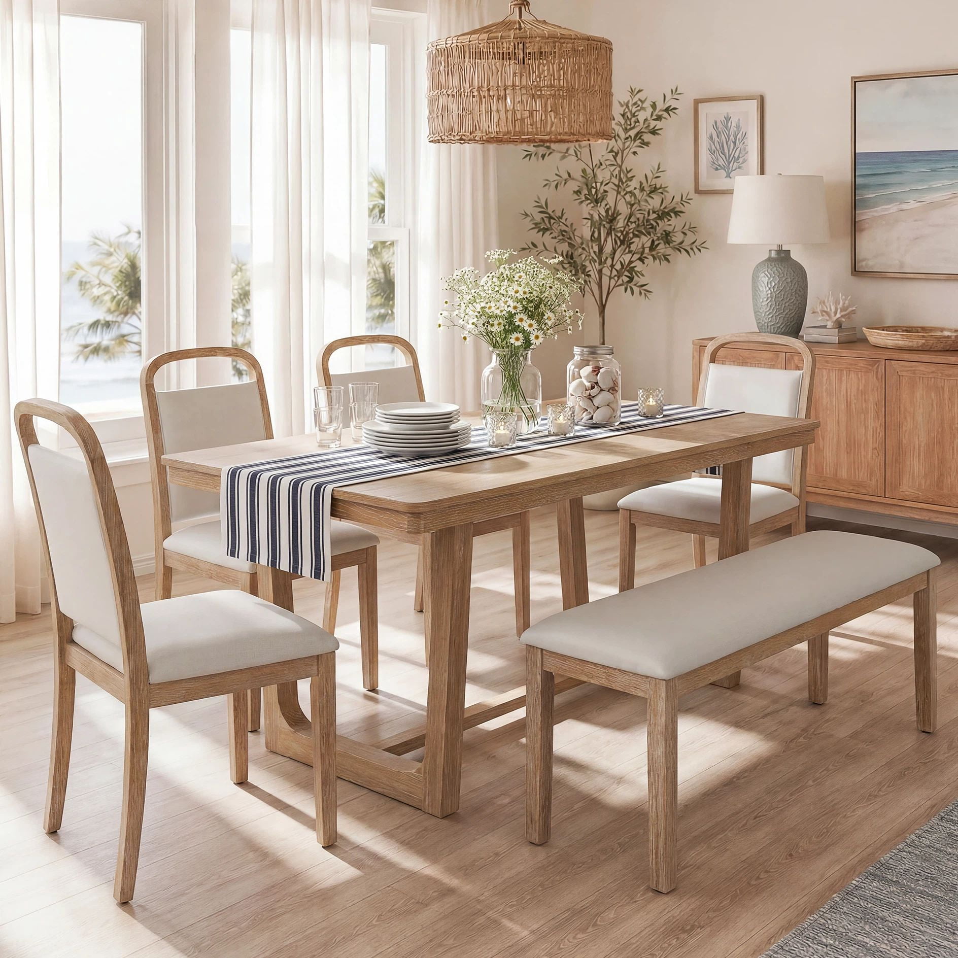 Euroco Farmhouse 6-Piece Dining Table Set for 6, Wood Rectangular Kitchen Table with 4 Upholstered Chairs & 1 Bench for Dining Room, Kitchen,Natural