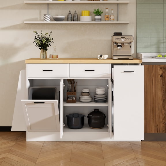 Euroco Farmhouse Buffet Cabinet with Tilt Out Trash Can,48.8" Sideboard Coffee Bar Cabinet with 2 Drawers,Sliding Door Cabinet & 3-Tier Spice Rack,Kitchen Island Table for Kitchen Living Room,White