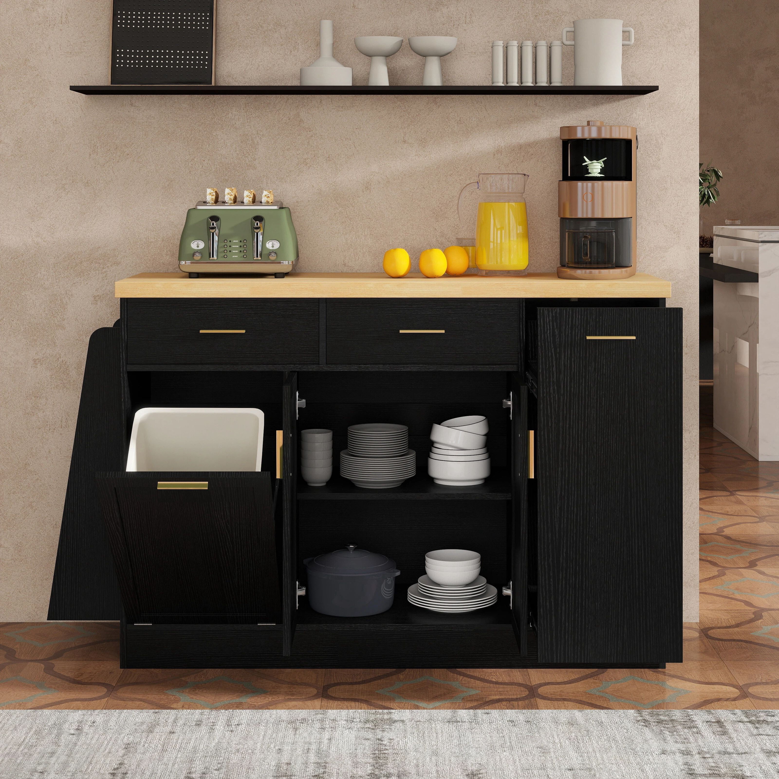 Euroco Farmhouse Buffet Cabinet with Tilt Out Trash Can,48.8" Sideboard Coffee Bar Cabinet with 2 Drawers,Sliding Door Cabinet & 3-Tier Spice Rack,Kitchen Island Table for Kitchen Living Room,Black