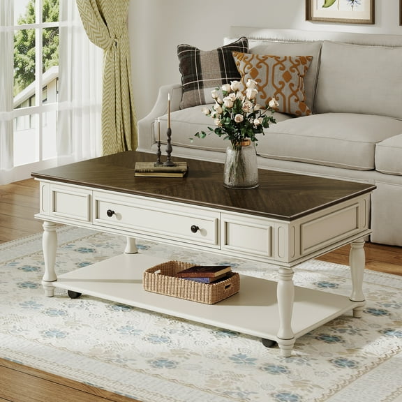 Euroco Farmhouse Coffee Table with One Drawer, Easy Assembly, Retro Movable Rectangular Cocktail Table with Lockable Wheels, Country Style Center Table with Solid Wood Legs