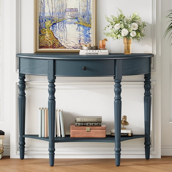 Euroco Farmhouse Half Moon Console Table, Narrow Sofa Table with Storage Shelf & 1 Drawer ,Wood Entryway Table Accent Table for Living Room, Hallway and Foyer,Navy