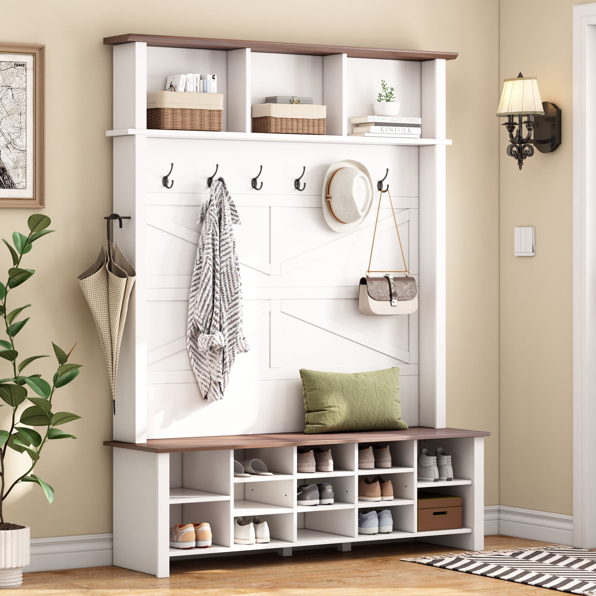 Euroco Farmhouse Hall Tree with 6 Hooks,Adjustable Shelves and 16 Open Compartments