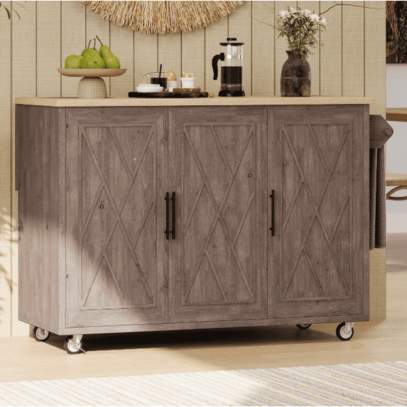 Euroco Farmhouse Kitchen Island Cart with Drop Leaf, Internal Racks, Lockable Wheels & Adjustable Storage
