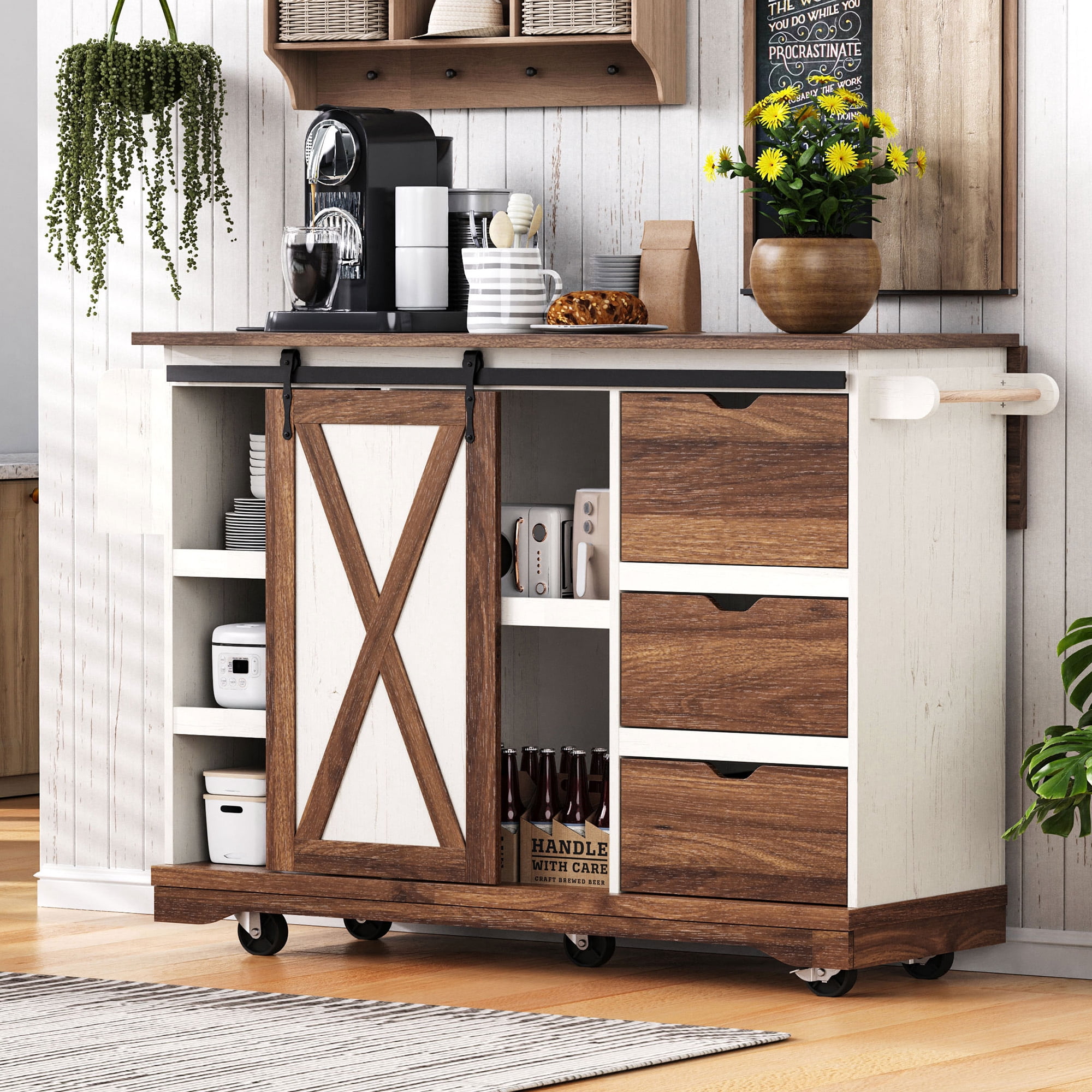 Euroco Farmhouse Kitchen Island with Drop Leaf, Charging Station, Storage Cabinet & Drawers, Rolling Kitchen Cart with Barn Door – 55.5''W