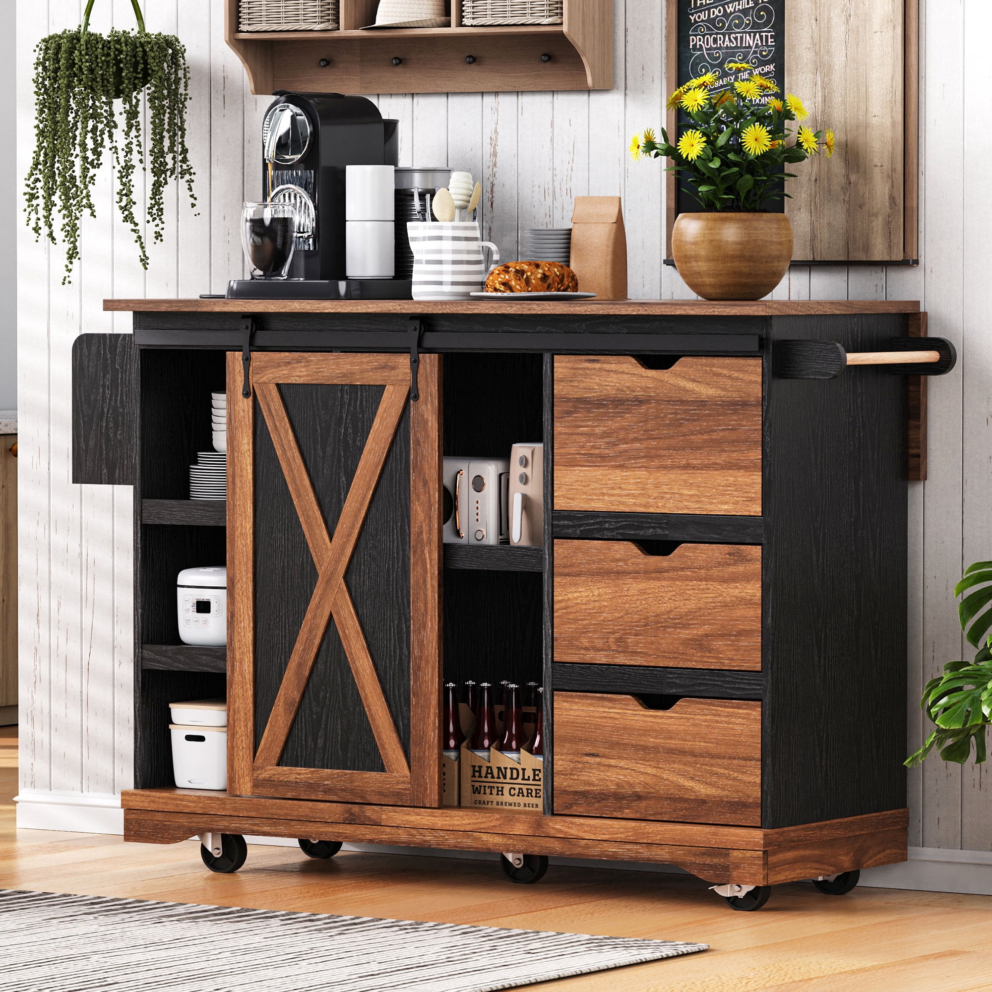 Euroco Farmhouse Kitchen Island with Drop Leaf, Charging Station, Storage Cabinet & Drawers, Rolling Kitchen Cart with Barn Door – 55.5''W