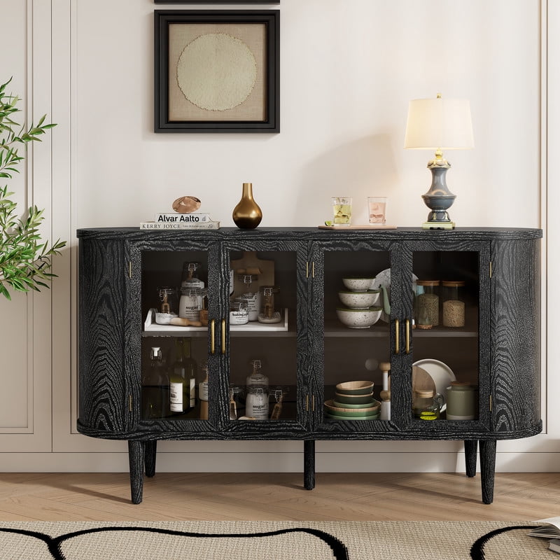 Euroco Farmhouse Sideboard Buffet Cabinet with Storage,60" Wood Coffee Bar Cabinet with Glass Doors & Adjustable Shelves for Kitchen Dining Room,Black