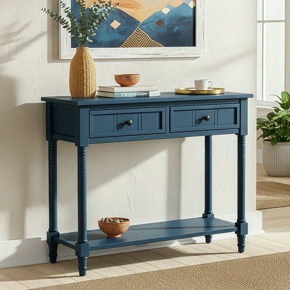 Euroco Farmhouse Wood Console Table with 2 Drawers and Bottom Shelf, 2-Tier Narrow Entryway Table Sofa Table Behind The Couch for Entrance, Hallway,Living Room, Foyer,Dark Navy