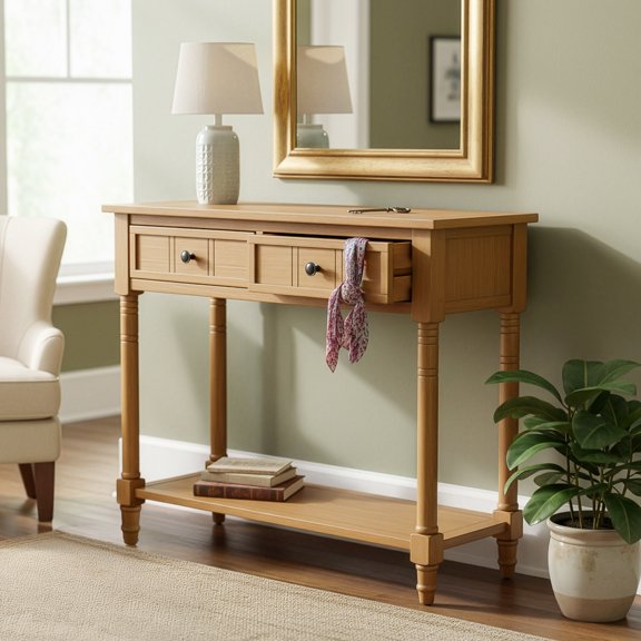 Euroco Farmhouse Wood Console Table with 2 Drawers and Bottom Shelf, 2-Tier Narrow Entryway Table Sofa Table Behind The Couch for Entrance, Hallway,Living Room, Foyer,Natural