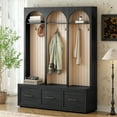 thumbnail image 1 of Euroco Farmhouse Wooden Style Hall Tree with Arched Design, Elegant 59" Wide Entryway Bench with 8 Retro Hooks, Rustic Coat Rack & Shoe Organizer with 3 Drawers for Mudroom, Living Room, Black, 1 of 9