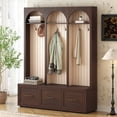 thumbnail image 1 of Euroco Farmhouse Wooden Style Hall Tree with Arched Design, Elegant 59" Wide Entryway Bench with 8 Retro Hooks, Rustic Coat Rack & Shoe Organizer with 3 Drawers for Mudroom, Living Room, Dark Walnut, 1 of 9
