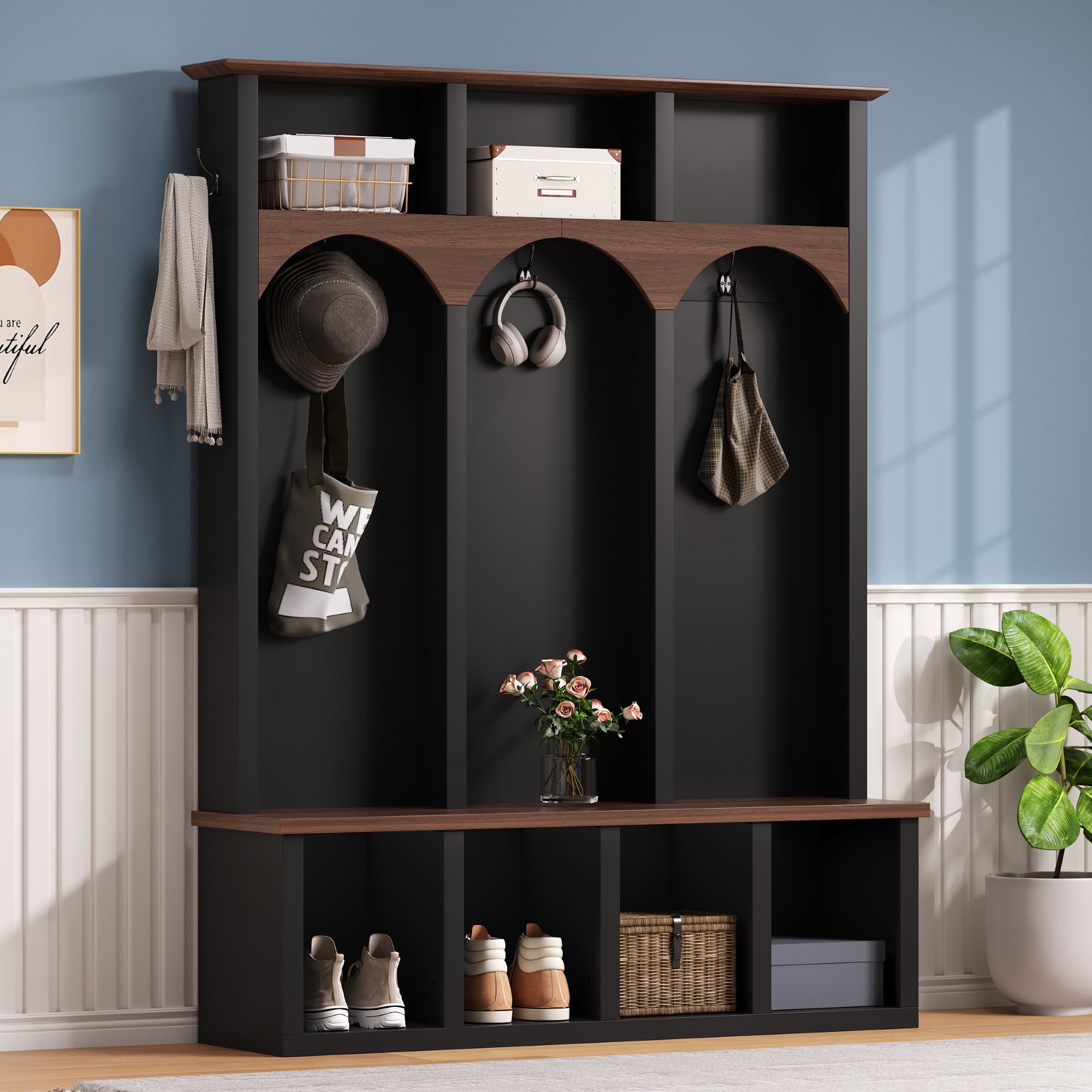 Euroco Farmhouse Wooden Style Hall Tree with Arched Design, Practical Entryway Walnut Storage Bench with 5 Black Hooks, Minimalist 4-in-1 Hallway Shoe Cabinet with 7 Cubbies