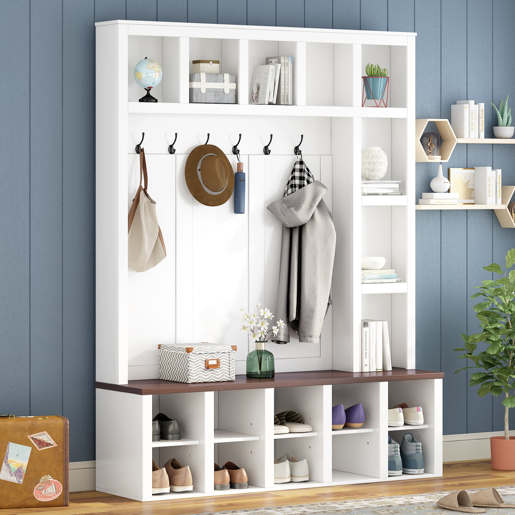 Euroco Farmhouse Wooden Style Hall Tree with 6 Hooks, Walnut Storage Bench, Adjustable Shelves, and 4-in-1 Entryway Shoe Cabinet with 13 Cubbies