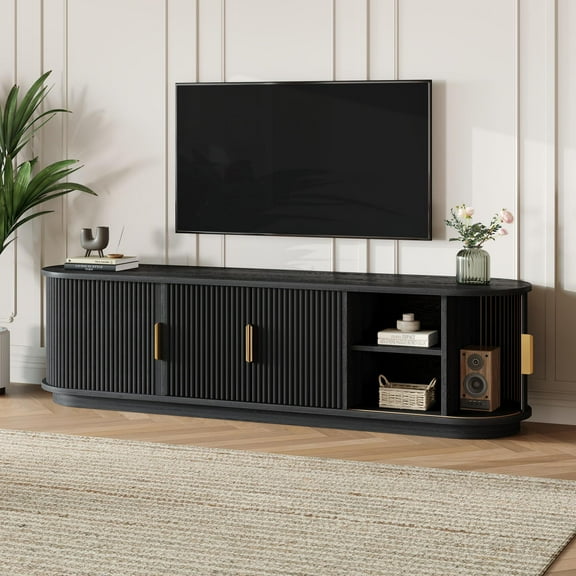 Euroco Farmhouse Wooden TV Stand with Sliding Tambour Door for TVs up to 75", Fluted Media Console with Adjustable Storage, Golden Handle TV Cabinet with Cable holes for Living Room